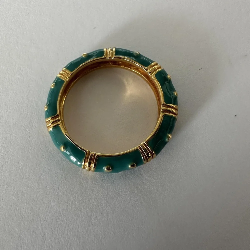 Aqua Blue Green Enamel Gold Tone Band Ring Size 7 Dotted Bamboo Stackable Boho